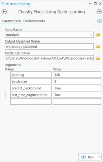 Classify Pixels Using Deep Learning tool parameters