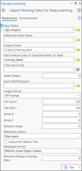 Export Training Data For Deep Learning tool parameters