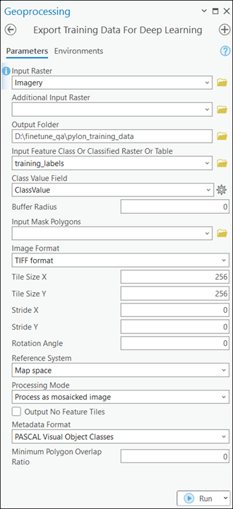 Export Training Data For Deep Learning tool parameters