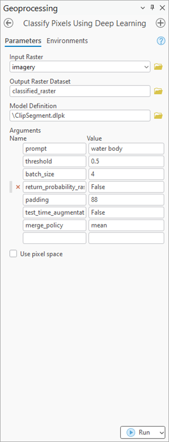 Classify Pixels Using Deep Learning tool parameters