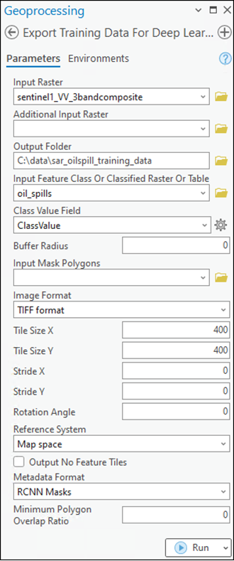 Export Training Data For Deep Learning tool parameters