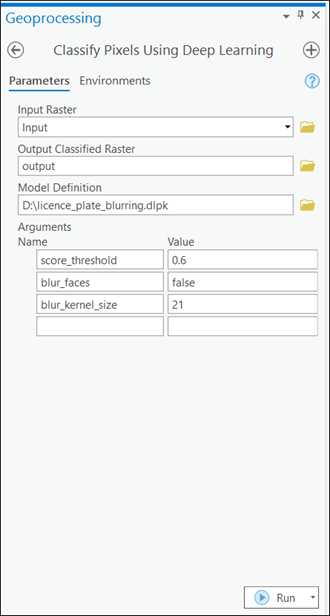 Classify Pixels Using Deep Learning tool parameters