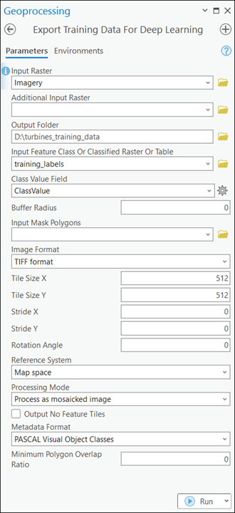 Export Training Data For Deep Learning tool parameters