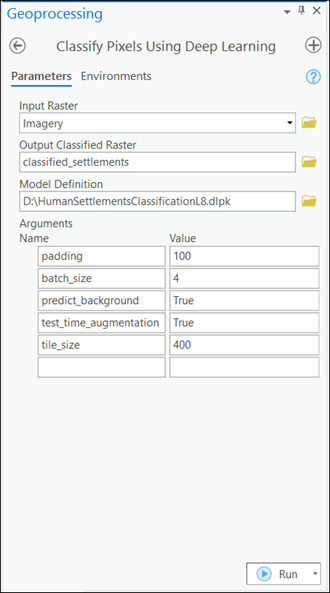 Classify Pixels Using Deep Learning Parameters tab