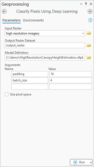 Classify Pixels Using Deep Learning tool Parameters tab