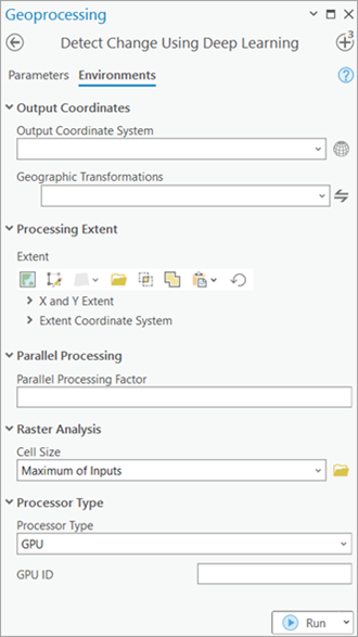 Detect Change Using Deep Learning tool Environments tab