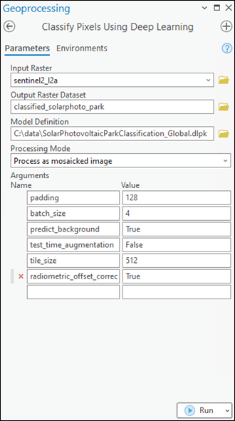 Classify Pixels Using Deep Learning Parameters tab