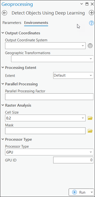 Detect Objects Using Deep Learning tool Environments tab