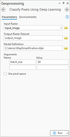 Classify Pixels Using Deep Learning tool Parameters tab