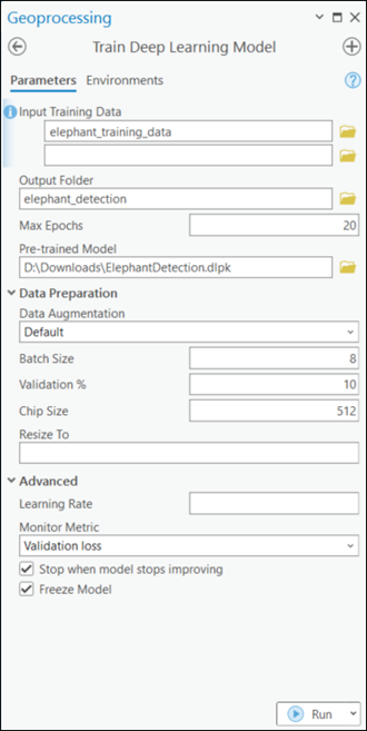 Train Deep Learning Model tool parameters