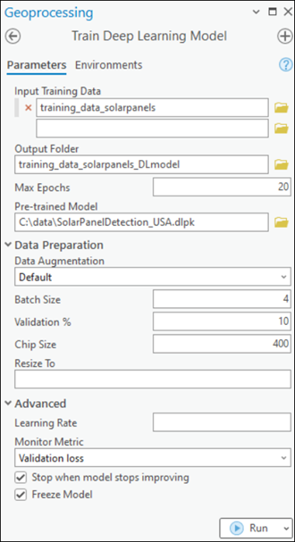 Train Deep Learning Model tool parameters