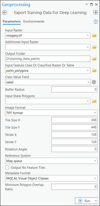 Export Training Data For Deep Learning tool parameters