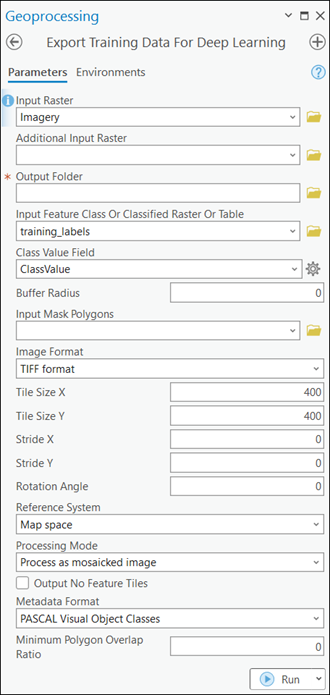 Export Training Data For Deep Learning tool parameters