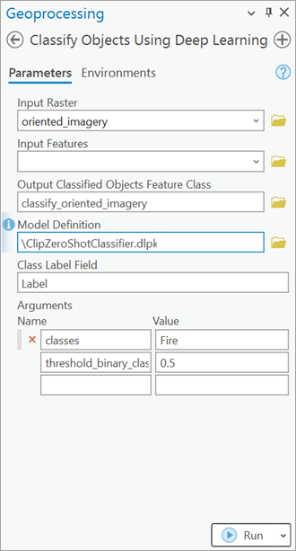 Classify Objects Using Deep Learning Parameters tab