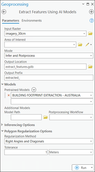 Parameters for Extract Features Using AI Models tool.