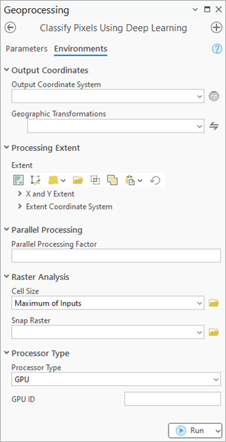 Classify Pixels Using Deep Learning tool Environments tab