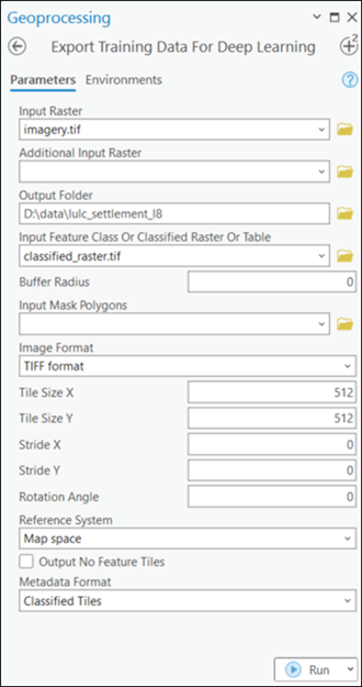 Export Training Data For Deep Learning tool parameters