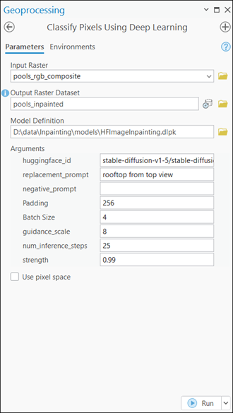 Classify Pixels Using Deep Learning tool Parameters tab