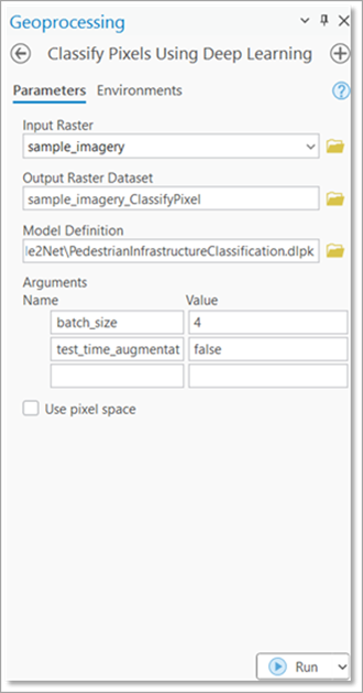 Classify Pixels Using Deep Learning tool Parameters tab