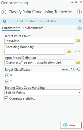 Classify Point Cloud Using Trained Model tool parameters