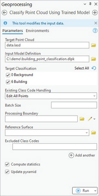 Classify Point Cloud Using Trained Model tool parameters