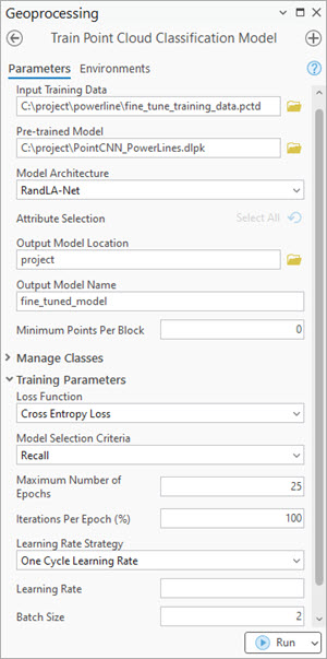 Train Point Cloud Classification Model tool parameters