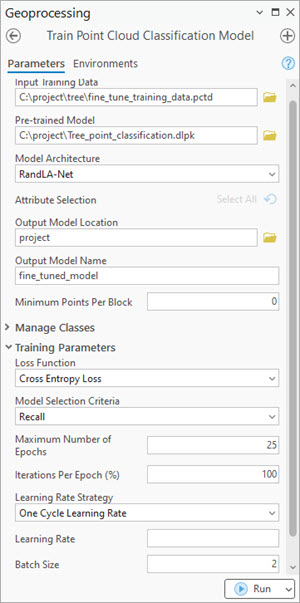 Train Point Cloud Classification Model tool parameters
