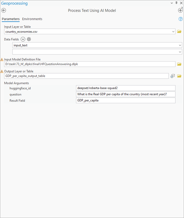 Process Text Using AI Model tool Parameters tab
