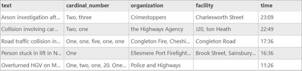 Attribute table representing extracted entities