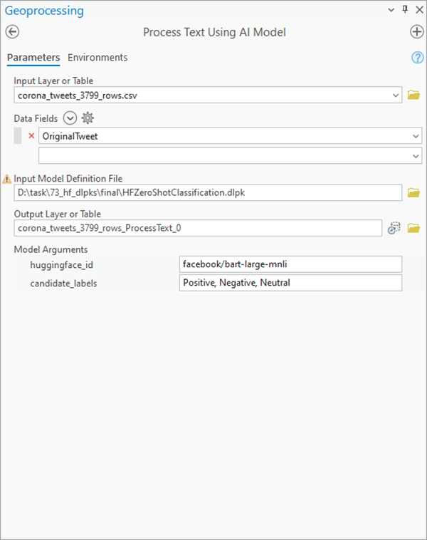 Process Text Using AI Model tool Parameters tab
