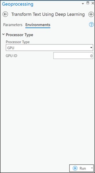 Transform Text Using Deep Learning tool Environments tab