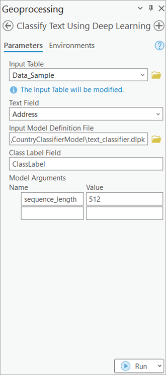 Classify Text Using Deep Learning Parameters tab