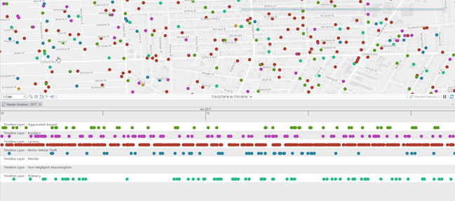 Map and timeline of crime events.