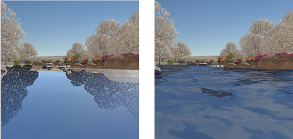 A static comparison of an animated water symbol in a scene before and after rendering improvements