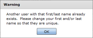 Warning dialog box that the name exists in the database