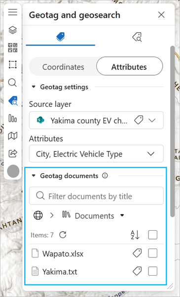 Geotag documents section of the Geotag and geosearch pane Geotag documents section of the Geotag and geosearch pane