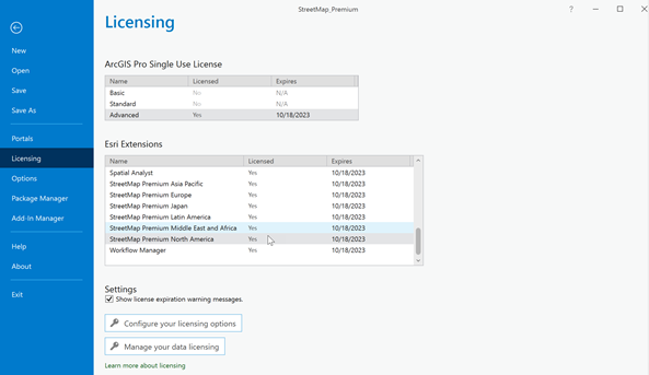 Licensing pane showing the Esri Extensions list for StreetMap Premium