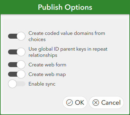 Publish options on the Publish Survey dialog box