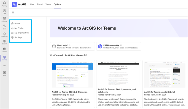ArcGIS for Teams Options tab with blog articles and collapsible menu