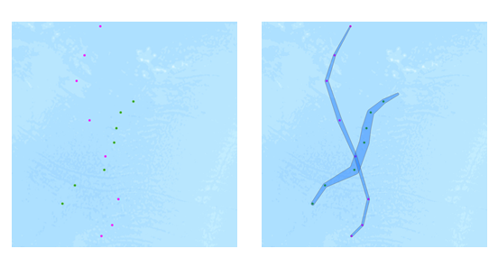 Input points with a buffer applied are reconstructed into tracks.