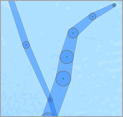 An example of input points (green), intermediate buffer for visualization (blue hatching), and the resulting polygonal track (blue) is shown.