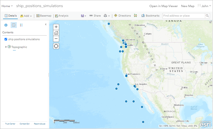 Simulated ship positions in a web map