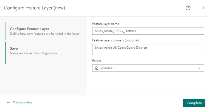 Feature Layer save step