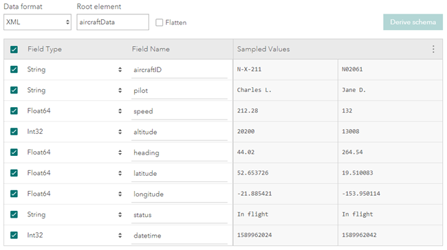 Resulting confirm schema page with the aircraftData root element specified.