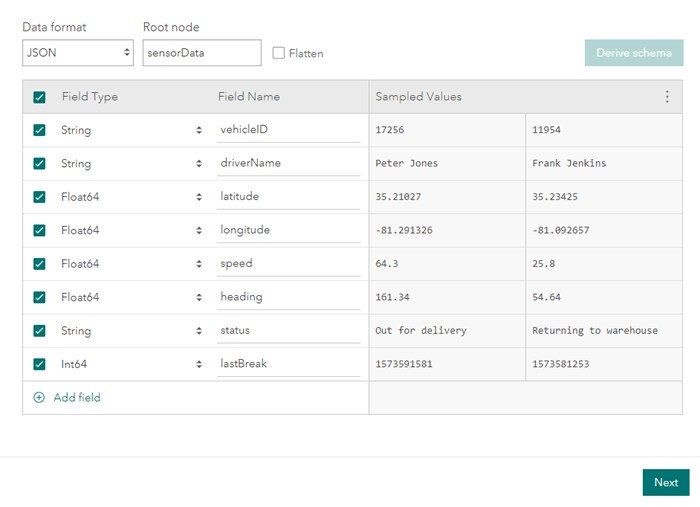 Resulting Confirm Schema page with sensorData root node specified