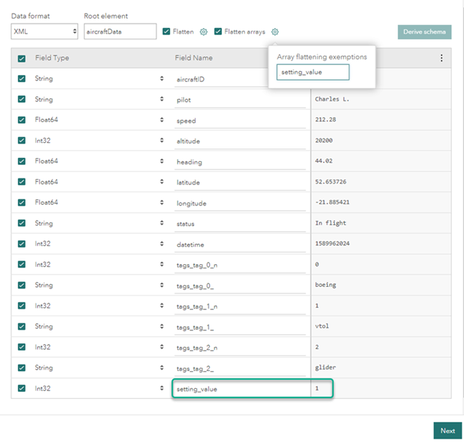 Resulting confirm schema page shows the setting_value field returns the last item in the array.