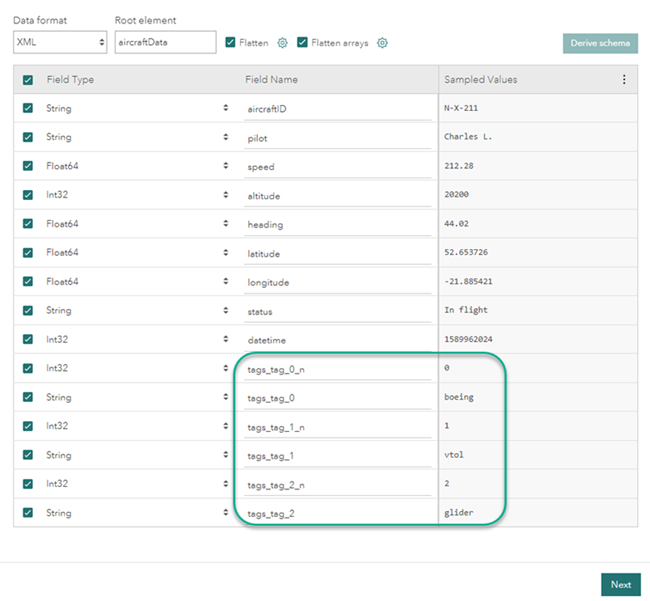 Resulting confirm schema page shows the tags fields divided into separate fields.