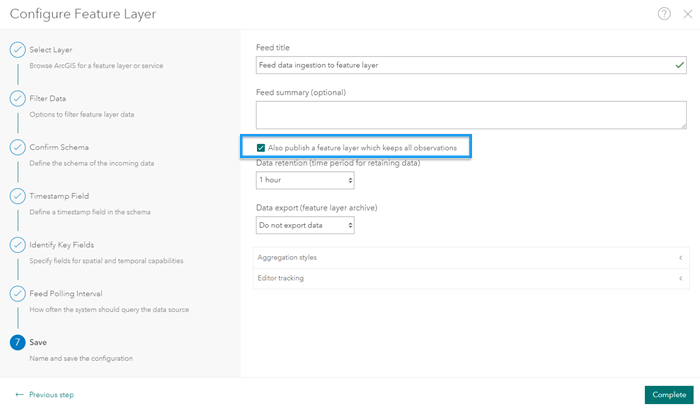 Publish a history feature layer to keep all observations