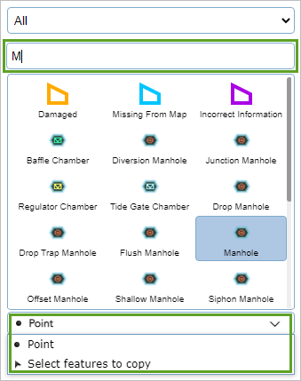 Feature templates filtered by search and menu of add methods