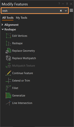 Panel Modificar entidades con el cuadro de texto Buscar